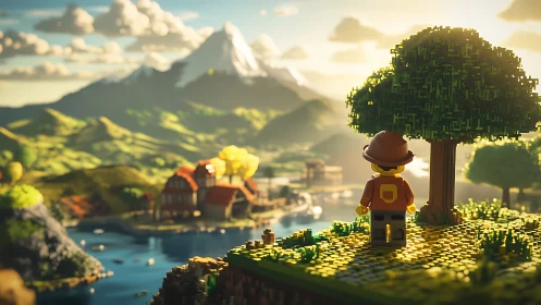Minecraft figure stands beneath tree overlooking valley landscape