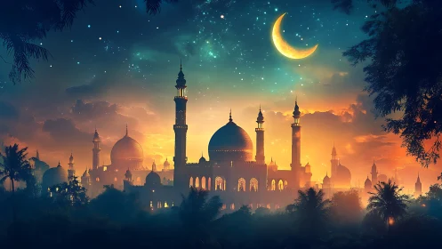 Moonlit palace skyline glowing in a dreamy twilight hush.