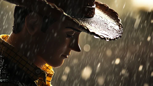 Plastic cowboy figure under rainfall with side lighting.
