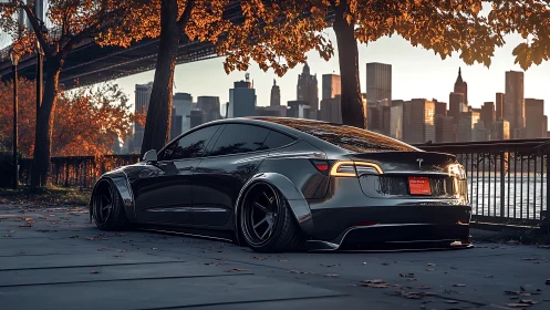 Modified electric sedan parked by riverside skyline at dusk.