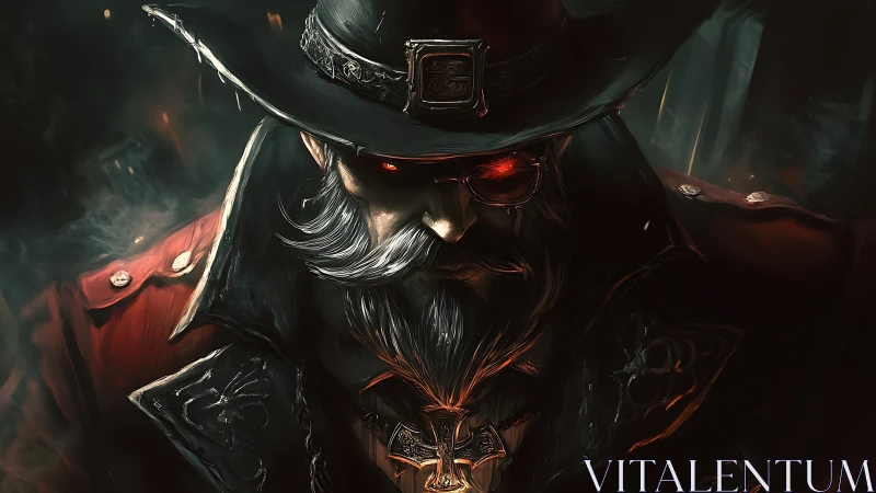 Demonic gunslinger portrait with glowing red eyes.