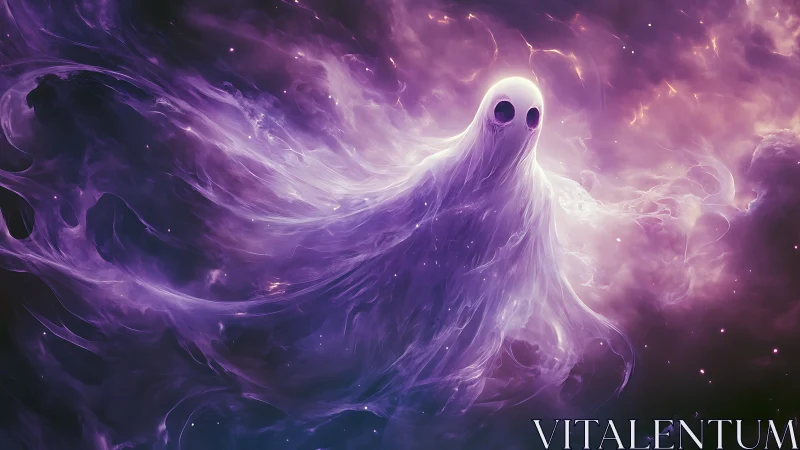 Ethereal ghost drifts through a swirling purple cosmic nebula