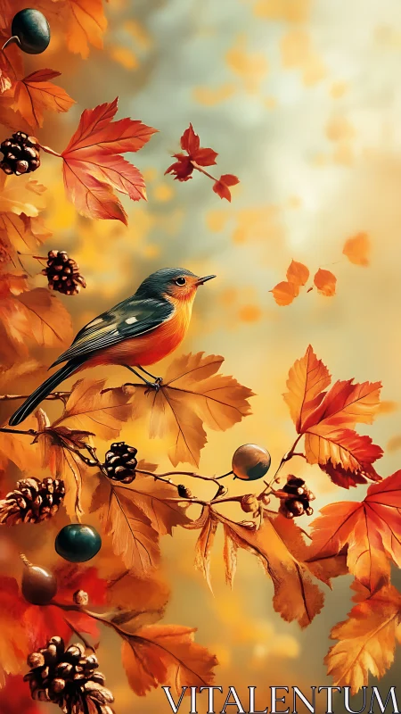 Crimson leaves cradle a songbird in glowing autumn air