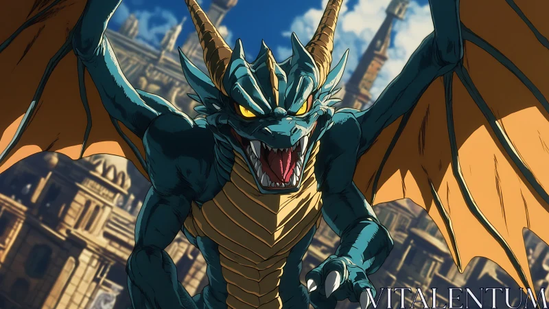 Armored teal dragon lunges over sunlit fantasy citadel.