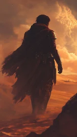 Lone armored wanderer crossing storm-lit desert dunes.