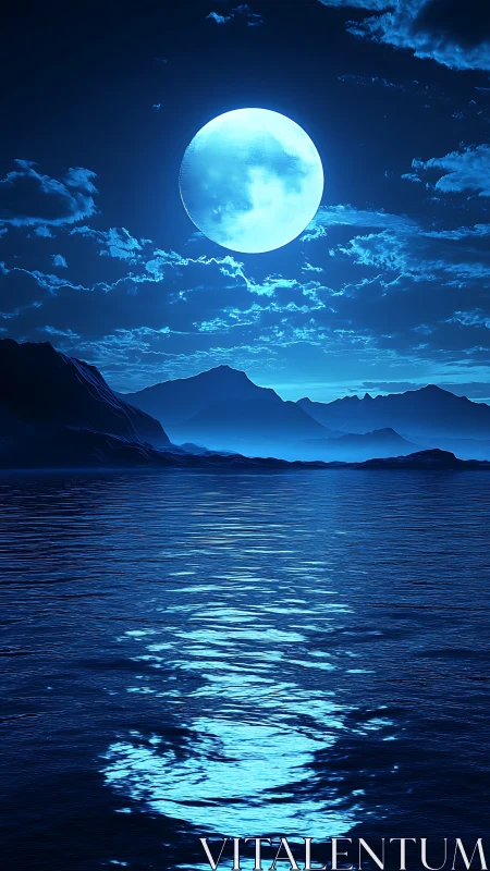 Luminous full moon casts electric blue light across calm sea