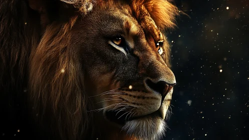 Photorealistic lion portrait in dramatic rim lighting profile.