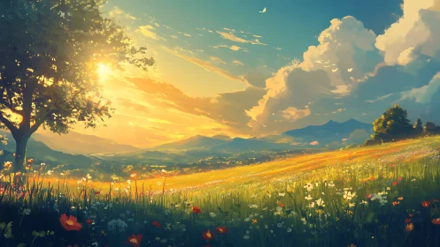 Digital painting of sunlit wildflower meadow and distant hills.