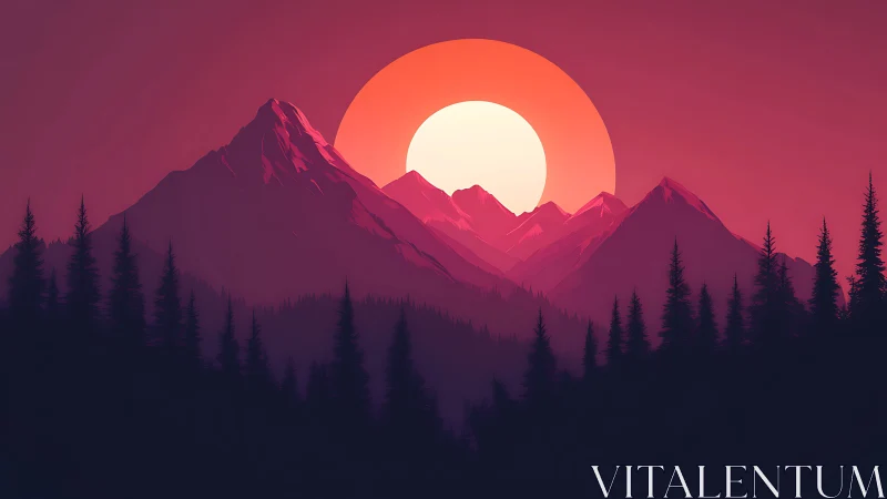 Sunset glows behind layered mountains and dark pine forest