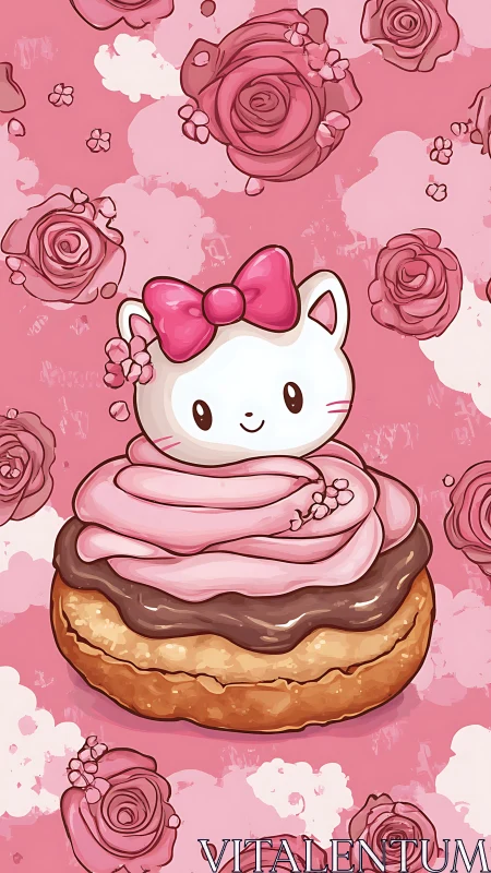 Whimsical Kitten Pastry Character in Pink Floral Setting.