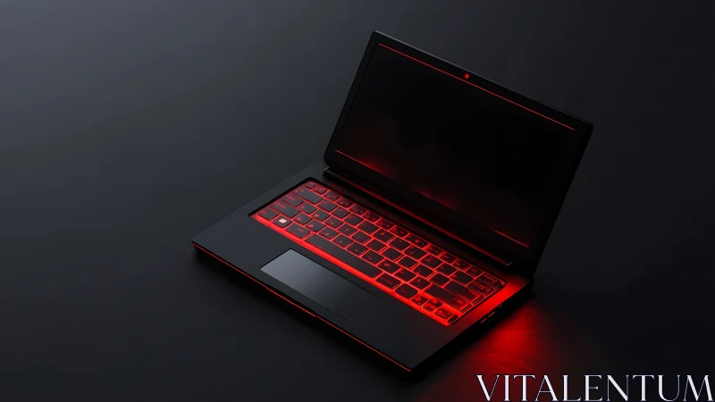 Bold red-backlit laptop glows softly in the dark studio