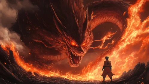 Digital anime inferno confrontation with colossal demon fox.