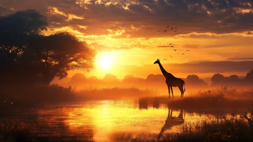 Silhouetted giraffe stands near reflective water at sunrise