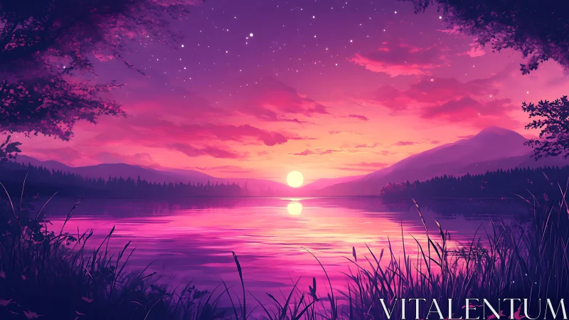 Dreamy violet sunset over a quiet starlit lakeshore.