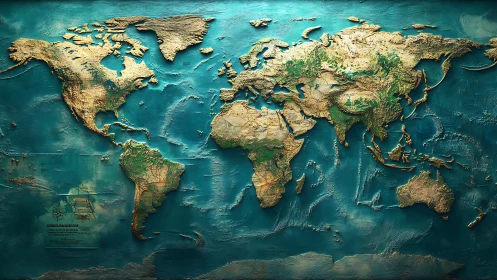 Textured world map relief glows over deep turquoise oceans