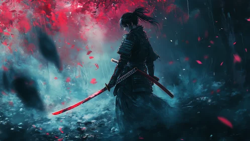 Backlit samurai in misty red forest with dynamic atmospheric scattering