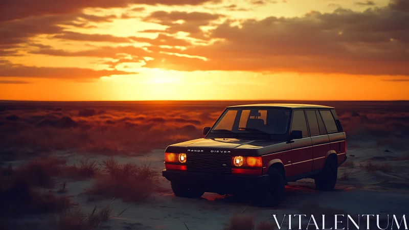 Retro off road icon idles in desert dusk ember glow.