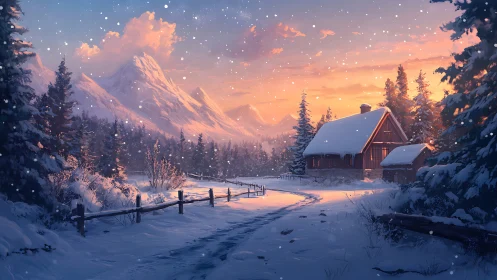 Snow-covered alpine cabin at sunset with winding forest path