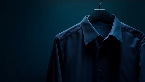 Navy Dress Shirt on Wooden Hanger Against Dark Teal Background.