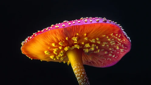 Macro portrait of vibrant fly agaric mushroom against black.