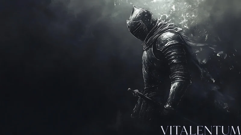Lone armored knight stands in swirling shadow and ash