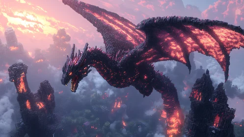 Lava-lit dragon soaring above crumbling fantasy spires.