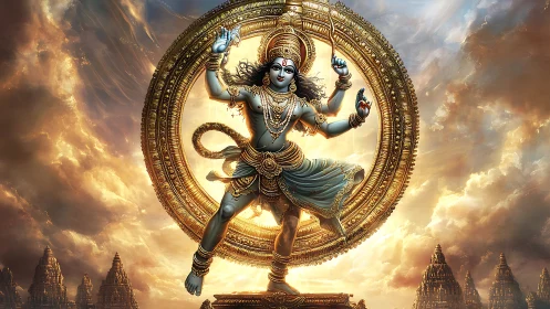 Divine cosmic dancer in radiant golden mandala ringed light.