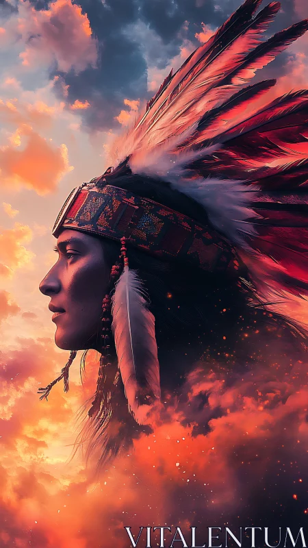 Digital portrait of tribal chief in flaming sunset clouds.