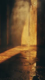 Volumetric light shaft illuminating wet reflective corridor