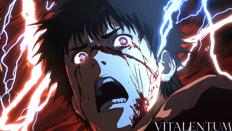 Electrified trauma portrait with hyperdynamic anime lighting.