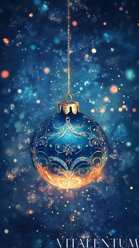 Luminous blue glass ornament with gold filigree in starry haze