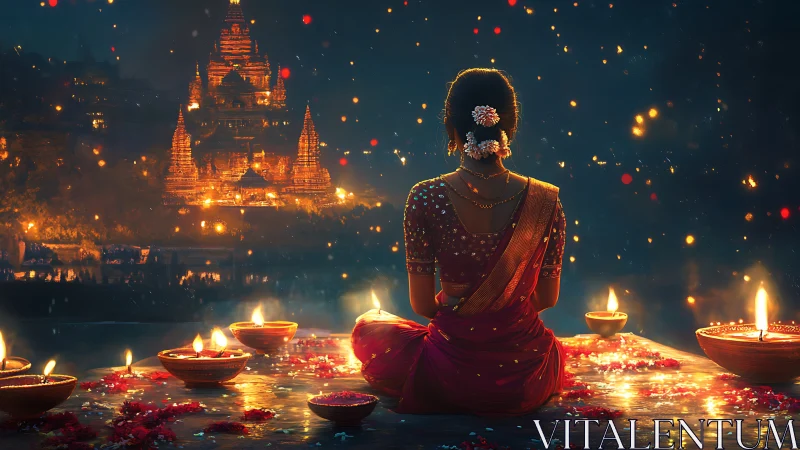 Woman in sari meditates before illuminated riverside temple