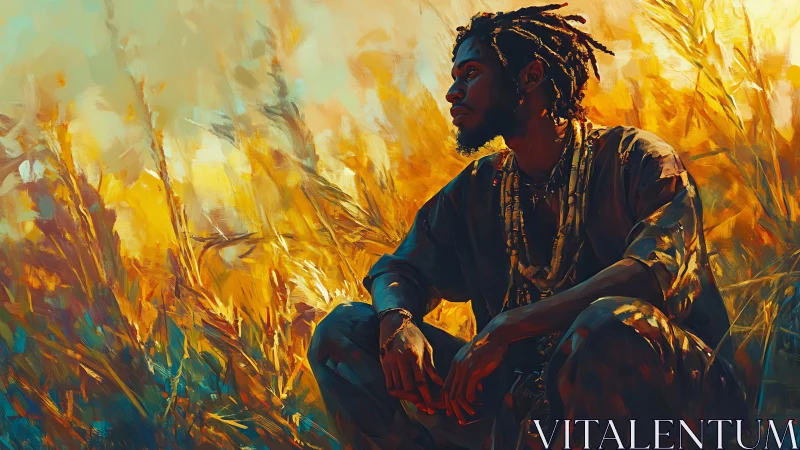 Sunlit thinker kneels where wild grasses become molten gold