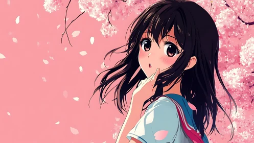 Blushing springday schoolgirl beneath drifting cherry petals.