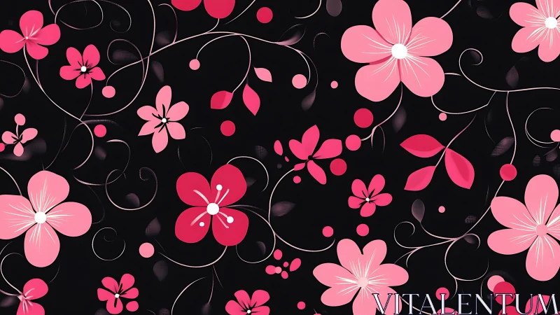 Pink Floral Pattern on Black Background.