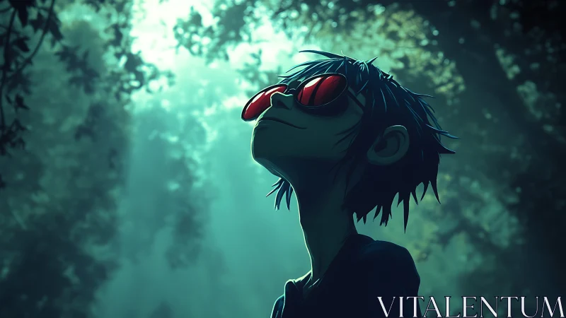 Backlit stylized boy with red goggles under diffuse forest canopy