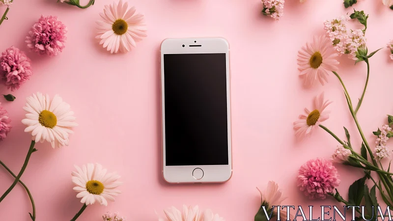 White iPhone Surrounded by Pink Flowers on Pastel Background