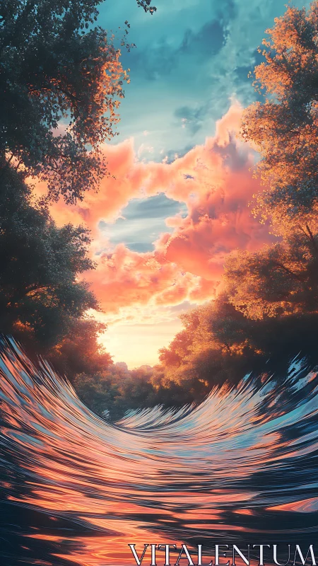 Sunset sky and reflective river form vertically framed landscape