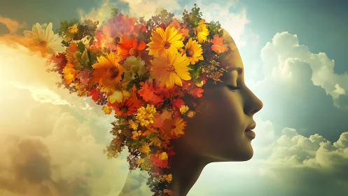 Surreal female profile with floral head silhouette in clouds