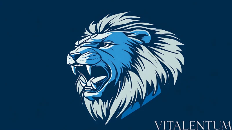 Roaring blue lion head illustration on dark background.