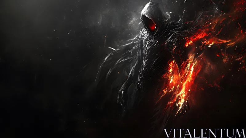 Hooded shadow entity forged in fire and liquid darkness.