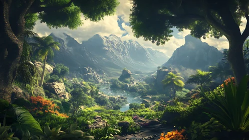 Lush tropical valley with river and distant mountain range.