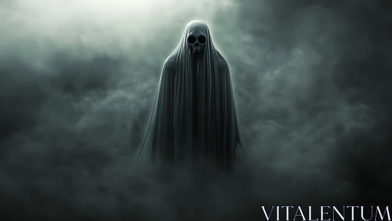 Shrouded phantom breathes through mist and devours the silence