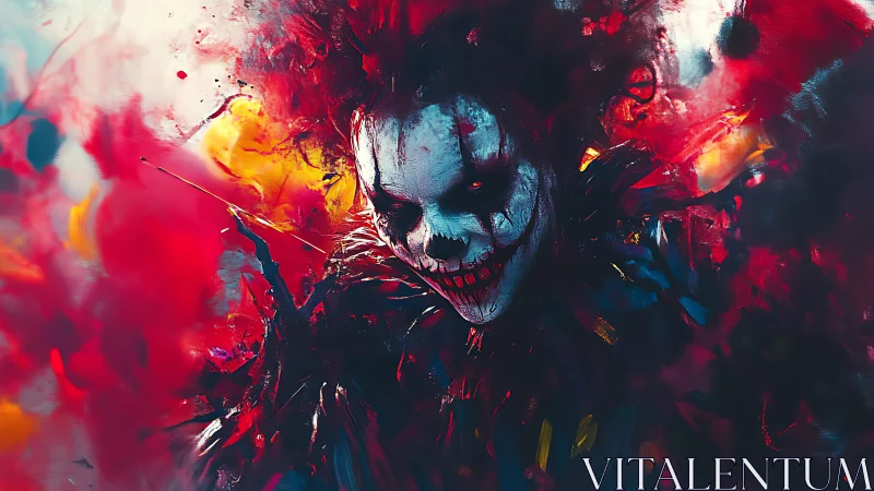 Grinning nightmare clown blooms from a storm of neon chaos