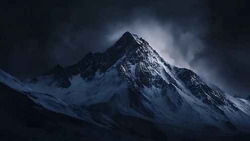 Midnight stormlight crowns a brooding, snow-forged peak