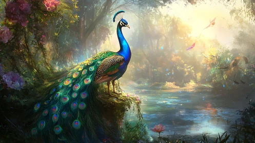 Radiant peacock overlooks glowing forest river at dawn
