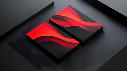 Modern business cards with abstract red wave design on dark background.