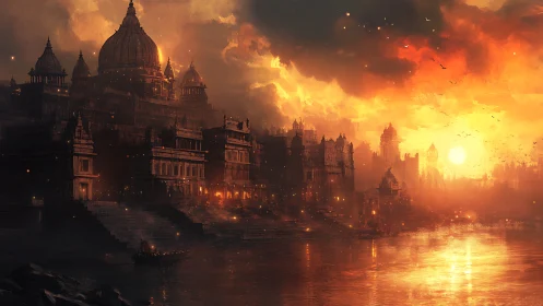 Sunlit river citadel under blazing apocalyptic sky.
