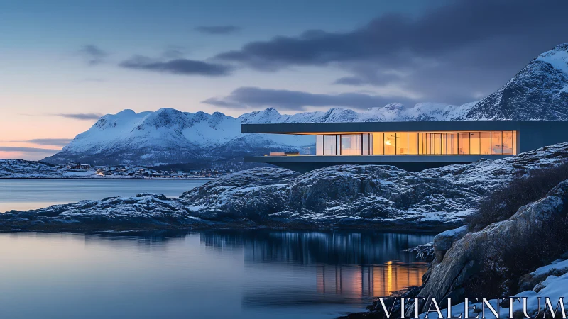 Cantilevered glass-walled coastal house over Arctic shoreline at dusk