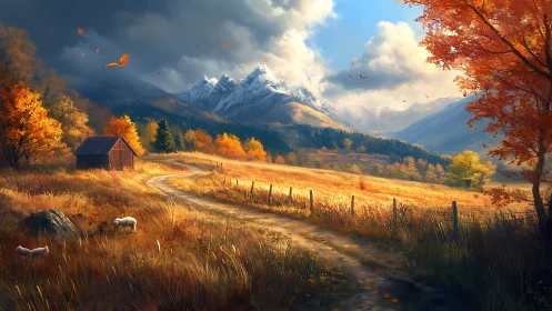 Golden autumn valley path leading toward peaceful peaks.